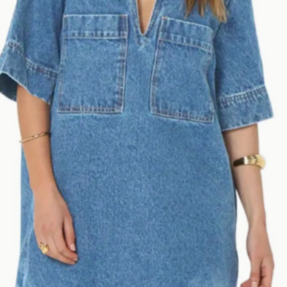 Denim Shirt Dress VNeck Mini with Pockets Large